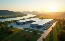 In strahlendem Tageslicht eingefangen zeigt das Bild ein modernes, weitläufiges Rechenzentrum mit gläsernen Fassaden und grünen Landschaften im Vordergrund, während im Hintergrund sanfte Rhein-Hügel warm im Sonnenlicht leuchten und so die zukunftsweisende Energieeffizienz und die harmonische Verbindung von Technik und Natur in Rheinland-Pfalz symbolisieren.