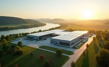 In strahlendem Tageslicht eingefangen zeigt das Bild ein modernes, weitläufiges Rechenzentrum mit gläsernen Fassaden und grünen Landschaften im Vordergrund, während im Hintergrund sanfte Rhein-Hügel warm im Sonnenlicht leuchten und so die zukunftsweisende Energieeffizienz und die harmonische Verbindung von Technik und Natur in Rheinland-Pfalz symbolisieren.