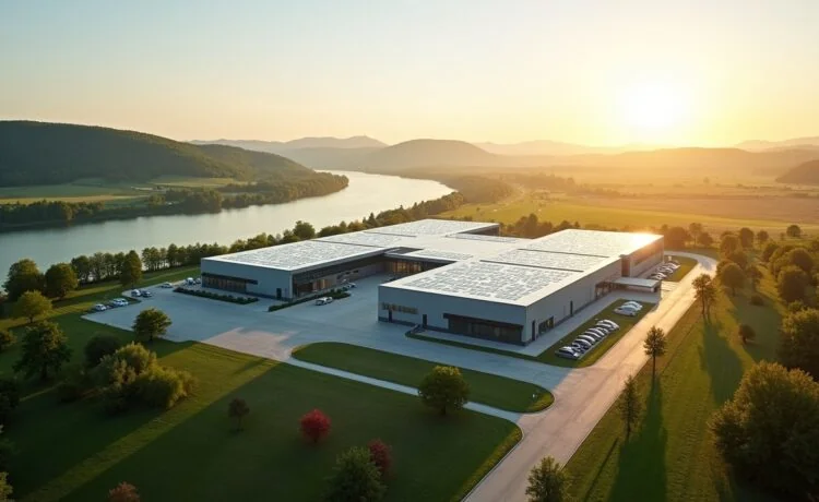 In strahlendem Tageslicht eingefangen zeigt das Bild ein modernes, weitläufiges Rechenzentrum mit gläsernen Fassaden und grünen Landschaften im Vordergrund, während im Hintergrund sanfte Rhein-Hügel warm im Sonnenlicht leuchten und so die zukunftsweisende Energieeffizienz und die harmonische Verbindung von Technik und Natur in Rheinland-Pfalz symbolisieren.