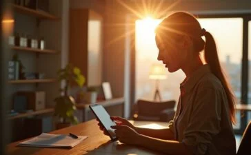 Ein warm beleuchtetes, modernes Büro mit einer jungen Frau, die mit aufmerksamem, leicht nachdenklichem Blick auf ihr Smartphone schaut, während im Hintergrund durch ein großes Fenster sanftes Tageslicht fällt und eine angenehme, vertrauensvolle Atmosphäre digitaler Kommunikation vermittelt.