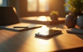 Ein strahlend beleuchteter, eleganter Arbeitsplatz mit einem offen gefalteten, modern designten Smartphone in mattem Silber, das auf einem warmen Holztisch liegt und von sanftem Tageslicht umspielt wird, während eine helle, einladende Atmosphäre kreativer Innovation und Zukunftsgeist vermittelt wird.