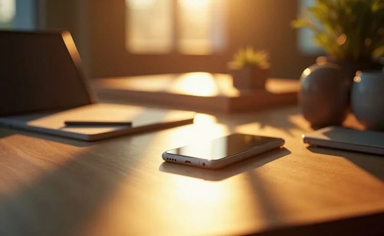 Ein strahlend beleuchteter, eleganter Arbeitsplatz mit einem offen gefalteten, modern designten Smartphone in mattem Silber, das auf einem warmen Holztisch liegt und von sanftem Tageslicht umspielt wird, während eine helle, einladende Atmosphäre kreativer Innovation und Zukunftsgeist vermittelt wird.