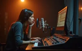 Eine helle, natürlich beleuchtete Szene eines modernen Tonstudios mit konzentrierter Synchronsprecherin am Mikrofon, umgeben von professioneller Technik und warmen Holztönen, die einladend kreative Atmosphäre und den herzlichen Konflikt zwischen menschlicher Kunstfertigkeit und technologischem Fortschritt widerspiegeln.