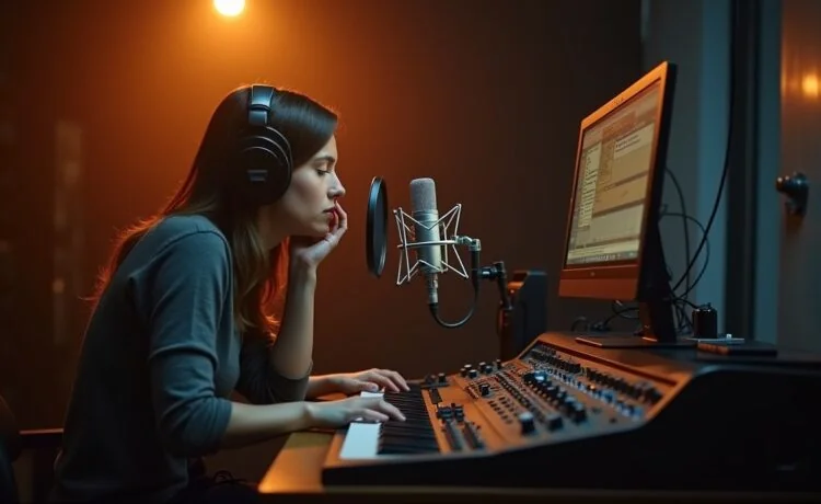 Eine helle, natürlich beleuchtete Szene eines modernen Tonstudios mit konzentrierter Synchronsprecherin am Mikrofon, umgeben von professioneller Technik und warmen Holztönen, die einladend kreative Atmosphäre und den herzlichen Konflikt zwischen menschlicher Kunstfertigkeit und technologischem Fortschritt widerspiegeln.