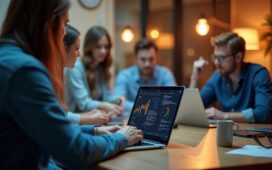 Ein heller, freundlich beleuchteter Arbeitsplatz mit einem auf einem modernen Laptop geöffneten Fernwartungstool, umgeben von konzentrierten IT-Profis in entspannter Teamatmosphäre, die gemeinsam Sicherheitsupdates besprechen und so verantwortungsbewusst für den Schutz vernetzter Systeme sorgen.