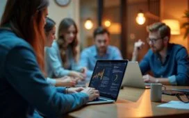 Ein heller, freundlich beleuchteter Arbeitsplatz mit einem auf einem modernen Laptop geöffneten Fernwartungstool, umgeben von konzentrierten IT-Profis in entspannter Teamatmosphäre, die gemeinsam Sicherheitsupdates besprechen und so verantwortungsbewusst für den Schutz vernetzter Systeme sorgen.