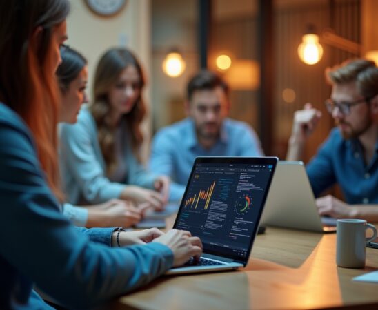 Ein heller, freundlich beleuchteter Arbeitsplatz mit einem auf einem modernen Laptop geöffneten Fernwartungstool, umgeben von konzentrierten IT-Profis in entspannter Teamatmosphäre, die gemeinsam Sicherheitsupdates besprechen und so verantwortungsbewusst für den Schutz vernetzter Systeme sorgen.