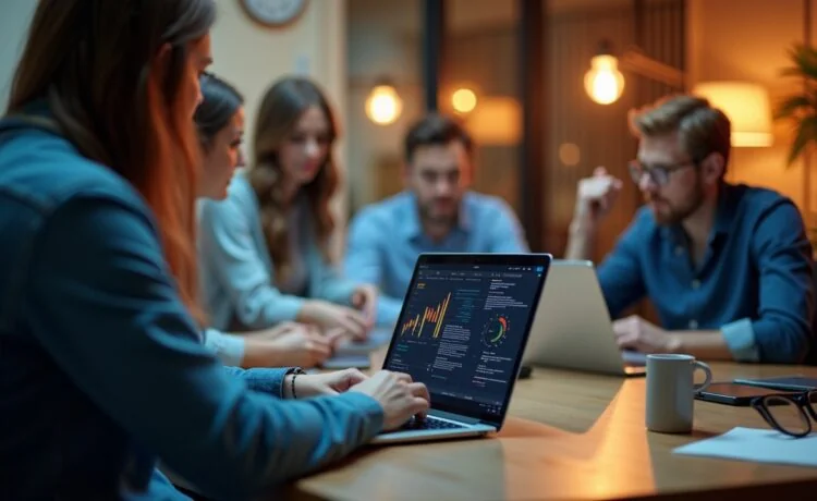 Ein heller, freundlich beleuchteter Arbeitsplatz mit einem auf einem modernen Laptop geöffneten Fernwartungstool, umgeben von konzentrierten IT-Profis in entspannter Teamatmosphäre, die gemeinsam Sicherheitsupdates besprechen und so verantwortungsbewusst für den Schutz vernetzter Systeme sorgen.