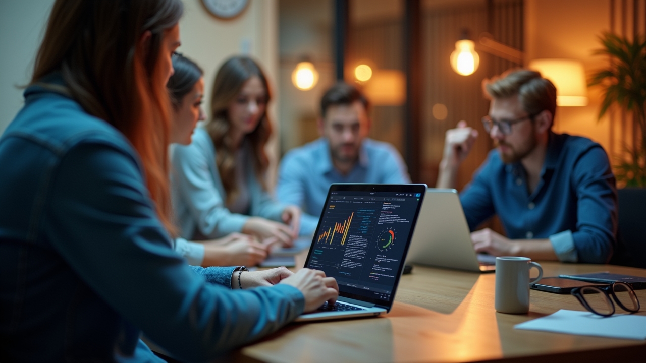 Ein heller, freundlich beleuchteter Arbeitsplatz mit einem auf einem modernen Laptop geöffneten Fernwartungstool, umgeben von konzentrierten IT-Profis in entspannter Teamatmosphäre, die gemeinsam Sicherheitsupdates besprechen und so verantwortungsbewusst für den Schutz vernetzter Systeme sorgen.