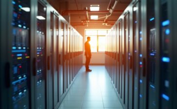 Ein lichtdurchfluteter Serverraum mit glänzenden, modernen Rechenzentren-Racks, in dem ein Elektrotechniker in sicherer Schutzkleidung konzentriert eine professionelle Gefährdungsbeurteilung durchführt – warmes Tageslicht fällt durch große Fenster und schafft eine freundliche, vertrauensvolle Arbeitsatmosphäre.