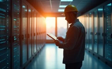 Ein hell erleuchteter, moderner Serverraum mit glänzenden, flüssigkeitsgekühlten Rechenzentrumskomponenten, in dem sanftes Tageslicht durch große Fenster fällt und die ruhige Konzentration eines Technikers widerspiegelt, der an einem digitalen Tablet den innovativen digitalen Zwilling überwacht – ein warmes, einladendes Szenario, das Fortschritt und nachhaltige Technologie vereint.