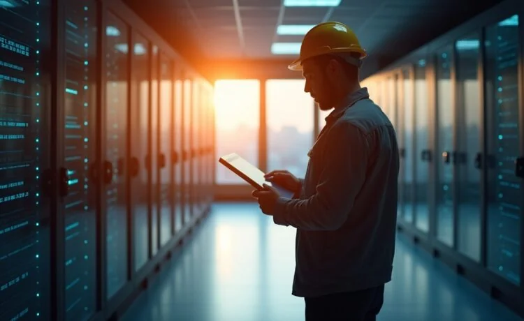 Ein hell erleuchteter, moderner Serverraum mit glänzenden, flüssigkeitsgekühlten Rechenzentrumskomponenten, in dem sanftes Tageslicht durch große Fenster fällt und die ruhige Konzentration eines Technikers widerspiegelt, der an einem digitalen Tablet den innovativen digitalen Zwilling überwacht – ein warmes, einladendes Szenario, das Fortschritt und nachhaltige Technologie vereint.