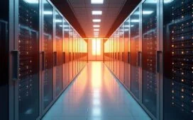 Ein modernes Rechenzentrum mit glänzenden Serverracks, die von warmem Tageslicht durchflutet werden, während sanfte Reflexionen auf Flüssigkeitskühlungssystemen eine zukunftsweisende, nachhaltige Technologie in einer hellen, freundlichen und lebendigen Atmosphäre einfangen.