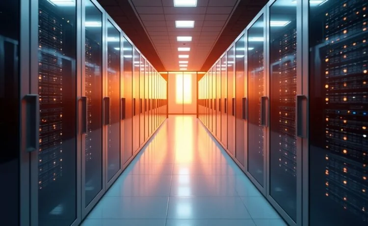 Ein modernes Rechenzentrum mit glänzenden Serverracks, die von warmem Tageslicht durchflutet werden, während sanfte Reflexionen auf Flüssigkeitskühlungssystemen eine zukunftsweisende, nachhaltige Technologie in einer hellen, freundlichen und lebendigen Atmosphäre einfangen.