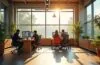 Ein strahlend helles, modernes Büro mit natürlichen Lichtstrahlen, in dem kreative Designer an großen Bildschirmen konzentriert an komplexen visuellen Projekten arbeiten, umgeben von warmen Holzelementen und frischen Pflanzen, die eine einladende, innovative Atmosphäre voller Inspiration und Teamgeist schaffen.