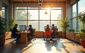 Ein strahlend helles, modernes Büro mit natürlichen Lichtstrahlen, in dem kreative Designer an großen Bildschirmen konzentriert an komplexen visuellen Projekten arbeiten, umgeben von warmen Holzelementen und frischen Pflanzen, die eine einladende, innovative Atmosphäre voller Inspiration und Teamgeist schaffen.
