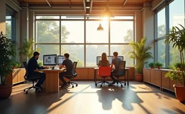 Ein strahlend helles, modernes Büro mit natürlichen Lichtstrahlen, in dem kreative Designer an großen Bildschirmen konzentriert an komplexen visuellen Projekten arbeiten, umgeben von warmen Holzelementen und frischen Pflanzen, die eine einladende, innovative Atmosphäre voller Inspiration und Teamgeist schaffen.