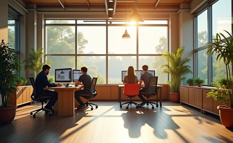 Ein strahlend helles, modernes Büro mit natürlichen Lichtstrahlen, in dem kreative Designer an großen Bildschirmen konzentriert an komplexen visuellen Projekten arbeiten, umgeben von warmen Holzelementen und frischen Pflanzen, die eine einladende, innovative Atmosphäre voller Inspiration und Teamgeist schaffen.