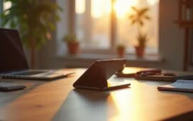 Ein hell erleuchteter, moderner Arbeitsplatz mit einem geöffneten, aufgeklappten Foldable-Smartphone auf dem Tisch, umgeben von warmem Tageslicht und sorgfältig arrangierten Alltagsgegenständen, die die Verbindung von innovativer Technologie und greifbarer Realität auf einladende Weise zeigen.