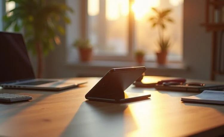 Ein hell erleuchteter, moderner Arbeitsplatz mit einem geöffneten, aufgeklappten Foldable-Smartphone auf dem Tisch, umgeben von warmem Tageslicht und sorgfältig arrangierten Alltagsgegenständen, die die Verbindung von innovativer Technologie und greifbarer Realität auf einladende Weise zeigen.
