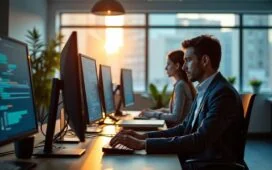 Ein lichtdurchflutetes, modernes Büro mit konzentrierten IT-Sicherheitsexperten, die an ihren Bildschirmen Patches prüfen und beruhigt lächelnd Lösungen diskutieren, umrahmt von warmem Tageslicht und realistischen Details, die Vertrauen und Handlungsbereitschaft vermitteln.