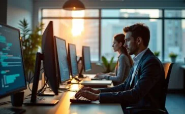 Ein lichtdurchflutetes, modernes Büro mit konzentrierten IT-Sicherheitsexperten, die an ihren Bildschirmen Patches prüfen und beruhigt lächelnd Lösungen diskutieren, umrahmt von warmem Tageslicht und realistischen Details, die Vertrauen und Handlungsbereitschaft vermitteln.