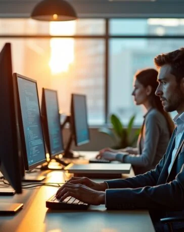 Ein lichtdurchflutetes, modernes Büro mit konzentrierten IT-Sicherheitsexperten, die an ihren Bildschirmen Patches prüfen und beruhigt lächelnd Lösungen diskutieren, umrahmt von warmem Tageslicht und realistischen Details, die Vertrauen und Handlungsbereitschaft vermitteln.