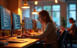 In einem modernen Coworking-Space sitzende Entwicklerinnen und Entwickler an hell erleuchteten Schreibtischen, konzentriert und freundlich lächelnd, umgeben von mehreren Bildschirmen mit Programmiercode, während warmes Tageslicht durch große Fenster strömt und eine Atmosphäre von gemeinsamer Innovation und technologischer Fortschrittlichkeit vermittelt.