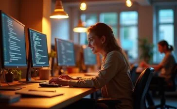 In einem modernen Coworking-Space sitzende Entwicklerinnen und Entwickler an hell erleuchteten Schreibtischen, konzentriert und freundlich lächelnd, umgeben von mehreren Bildschirmen mit Programmiercode, während warmes Tageslicht durch große Fenster strömt und eine Atmosphäre von gemeinsamer Innovation und technologischer Fortschrittlichkeit vermittelt.