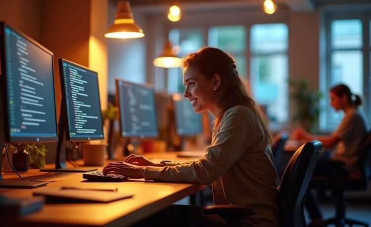 In einem modernen Coworking-Space sitzende Entwicklerinnen und Entwickler an hell erleuchteten Schreibtischen, konzentriert und freundlich lächelnd, umgeben von mehreren Bildschirmen mit Programmiercode, während warmes Tageslicht durch große Fenster strömt und eine Atmosphäre von gemeinsamer Innovation und technologischer Fortschrittlichkeit vermittelt.