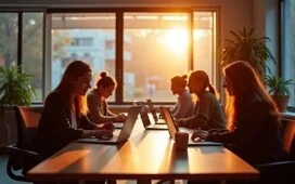 In einem hell erleuchteten, modernen Büro sitzen Entwickler:innen konzentriert und entspannt bei der gemeinsamen Erarbeitung von Frontend-Konzepten, umgeben von Notizen und Laptops, während warmes Tageslicht durch große Fenster fällt und eine freundliche, inspirierende Atmosphäre schafft.