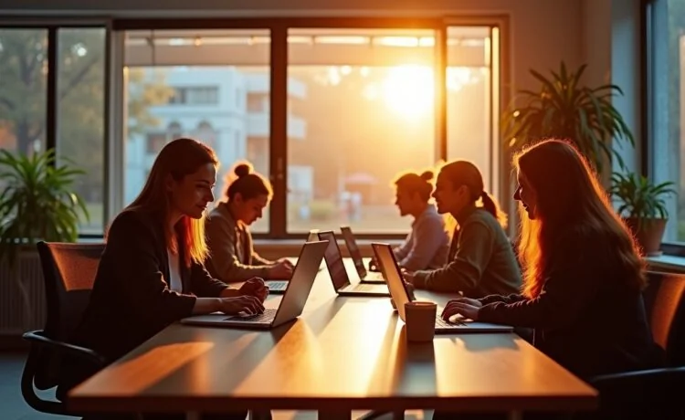 In einem hell erleuchteten, modernen Büro sitzen Entwickler:innen konzentriert und entspannt bei der gemeinsamen Erarbeitung von Frontend-Konzepten, umgeben von Notizen und Laptops, während warmes Tageslicht durch große Fenster fällt und eine freundliche, inspirierende Atmosphäre schafft.