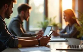 Ein hell erleuchteter, moderner Arbeitsplatz mit einem Android-Smartphone im Vordergrund, umgeben von entspannten Menschen, die vertrauensvoll und konzentriert zusammen am Thema Cybersicherheit arbeiten, wobei sanftes Sonnenlicht durch ein großes Fenster fällt und eine warme, optimistische Atmosphäre schafft.