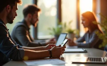 Ein hell erleuchteter, moderner Arbeitsplatz mit einem Android-Smartphone im Vordergrund, umgeben von entspannten Menschen, die vertrauensvoll und konzentriert zusammen am Thema Cybersicherheit arbeiten, wobei sanftes Sonnenlicht durch ein großes Fenster fällt und eine warme, optimistische Atmosphäre schafft.