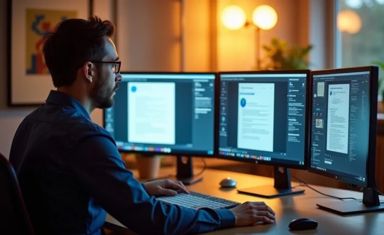 Ein hell erleuchteter Arbeitsplatz mit einem konzentrierten IT-Experten vor mehreren Bildschirmen, die komplexe PDF-Dokumente und Sicherheitssoftware zeigen, umgeben von warmem Tageslicht und einer freundlichen, vertrauensvollen Atmosphäre.
