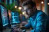 Ein hell erleuchteter, moderner Arbeitsplatz mit einem konzentrierten IT-Sicherheitsexperten vor mehreren Bildschirmen, der sorgfältig Code überprüft, umgeben von warmem Tageslicht und subtilen technischen Details, die die Dringlichkeit und Wichtigkeit präziser Arbeit gegen Cybergefahren vermitteln.