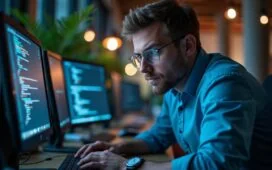 Ein hell erleuchteter, moderner Arbeitsplatz mit einem konzentrierten IT-Sicherheitsexperten vor mehreren Bildschirmen, der sorgfältig Code überprüft, umgeben von warmem Tageslicht und subtilen technischen Details, die die Dringlichkeit und Wichtigkeit präziser Arbeit gegen Cybergefahren vermitteln.