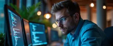 Ein hell erleuchteter, moderner Arbeitsplatz mit einem konzentrierten IT-Sicherheitsexperten vor mehreren Bildschirmen, der sorgfältig Code überprüft, umgeben von warmem Tageslicht und subtilen technischen Details, die die Dringlichkeit und Wichtigkeit präziser Arbeit gegen Cybergefahren vermitteln.