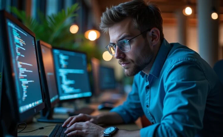 Ein hell erleuchteter, moderner Arbeitsplatz mit einem konzentrierten IT-Sicherheitsexperten vor mehreren Bildschirmen, der sorgfältig Code überprüft, umgeben von warmem Tageslicht und subtilen technischen Details, die die Dringlichkeit und Wichtigkeit präziser Arbeit gegen Cybergefahren vermitteln.