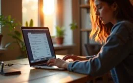 Ein hell ausgeleuchteter, moderner Arbeitsplatz mit einem stilvollen Laptop-Bildschirm, auf dem ein Browserfenster mit Erweiterungen geöffnet ist, umgeben von sanftem Tageslicht und warmen Holztönen, während eine entspannte Person sorgfältig am Gerät arbeitet und so ein Gefühl von Achtsamkeit und digitaler Vorsicht vermittelt.