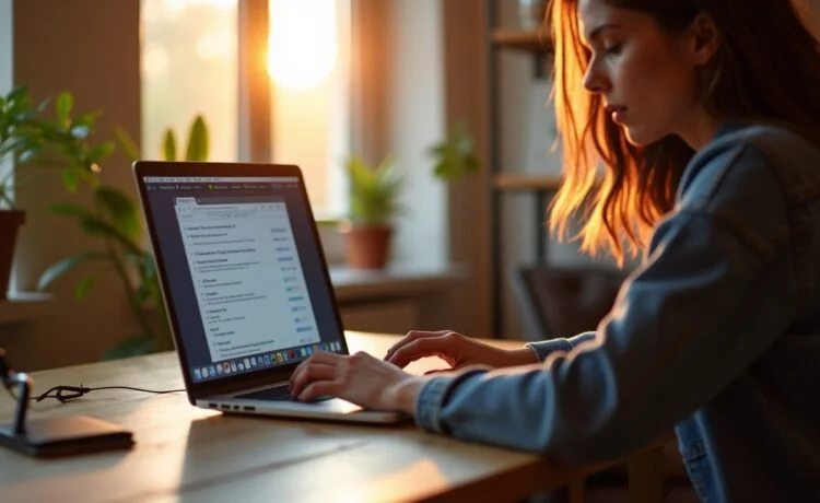 Ein hell ausgeleuchteter, moderner Arbeitsplatz mit einem stilvollen Laptop-Bildschirm, auf dem ein Browserfenster mit Erweiterungen geöffnet ist, umgeben von sanftem Tageslicht und warmen Holztönen, während eine entspannte Person sorgfältig am Gerät arbeitet und so ein Gefühl von Achtsamkeit und digitaler Vorsicht vermittelt.