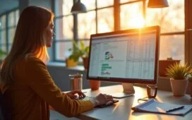 Ein heller, freundlich beleuchteter Arbeitsplatz mit moderner Büroausstattung, an dem eine konzentrierte Fachkraft entspannt elektronische Rechnungen auf einem Bildschirm prüft, während durch große Fenster warmes Tageslicht fällt und eine Atmosphäre von digitaler Effizienz und verantwortungsvollem Umgang mit Cybersicherheit schafft.