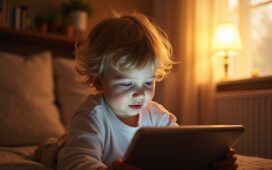 Ein warm ausgeleuchtetes, natürliches Porträt eines nachdenklichen Kindes, das mit einem Tablet in einem gemütlichen, lichtdurchfluteten Wohnraum spielt, umgeben von sanften Farben und einer Atmosphäre vertrauensvoller Nähe und behutsamer digitaler Entdeckung.