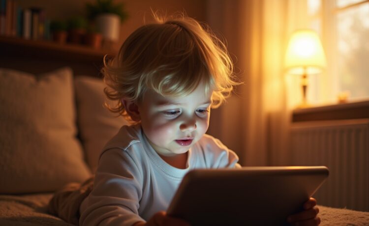 Ein warm ausgeleuchtetes, natürliches Porträt eines nachdenklichen Kindes, das mit einem Tablet in einem gemütlichen, lichtdurchfluteten Wohnraum spielt, umgeben von sanften Farben und einer Atmosphäre vertrauensvoller Nähe und behutsamer digitaler Entdeckung.