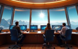 Ein strahlend heller Kontrollraum mit freundlichen Raumfahrtingenieur:innen, die konzentriert vor modernen Bildschirmen sitzen, umgeben von natürlichem Tageslicht und warmem Holzton, der eine einladende Atmosphäre schafft, während durch das Fenster im Hintergrund ein klarer Sternenhimmel und silbrig leuchtende Satellitenschüsseln sichtbar sind.