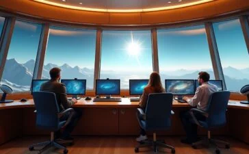 Ein strahlend heller Kontrollraum mit freundlichen Raumfahrtingenieur:innen, die konzentriert vor modernen Bildschirmen sitzen, umgeben von natürlichem Tageslicht und warmem Holzton, der eine einladende Atmosphäre schafft, während durch das Fenster im Hintergrund ein klarer Sternenhimmel und silbrig leuchtende Satellitenschüsseln sichtbar sind.