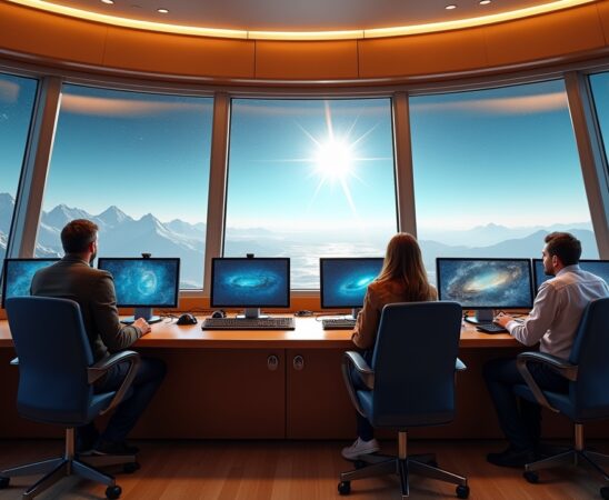 Ein strahlend heller Kontrollraum mit freundlichen Raumfahrtingenieur:innen, die konzentriert vor modernen Bildschirmen sitzen, umgeben von natürlichem Tageslicht und warmem Holzton, der eine einladende Atmosphäre schafft, während durch das Fenster im Hintergrund ein klarer Sternenhimmel und silbrig leuchtende Satellitenschüsseln sichtbar sind.