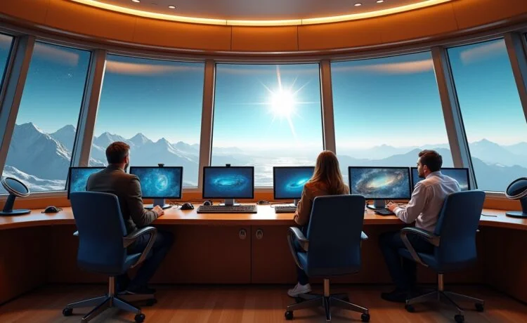 Ein strahlend heller Kontrollraum mit freundlichen Raumfahrtingenieur:innen, die konzentriert vor modernen Bildschirmen sitzen, umgeben von natürlichem Tageslicht und warmem Holzton, der eine einladende Atmosphäre schafft, während durch das Fenster im Hintergrund ein klarer Sternenhimmel und silbrig leuchtende Satellitenschüsseln sichtbar sind.