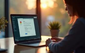 Ein warm ausgeleuchteter, moderner Arbeitsplatz mit einer nahen Aufnahme eines Laptops, auf dessen Bildschirm ein realistisches Browserfenster mit einem dezenten, echten Pop-up erscheint, während eine Person aufmerksam und mit leicht besorgtem, aber konzentriertem Blick darauf reagiert – die natürliche Tageslichtstimmung und die detailreiche Umgebung vermitteln Sicherheit und Wachsamkeit im digitalen Alltag.