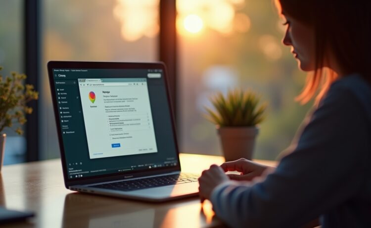 Ein warm ausgeleuchteter, moderner Arbeitsplatz mit einer nahen Aufnahme eines Laptops, auf dessen Bildschirm ein realistisches Browserfenster mit einem dezenten, echten Pop-up erscheint, während eine Person aufmerksam und mit leicht besorgtem, aber konzentriertem Blick darauf reagiert – die natürliche Tageslichtstimmung und die detailreiche Umgebung vermitteln Sicherheit und Wachsamkeit im digitalen Alltag.